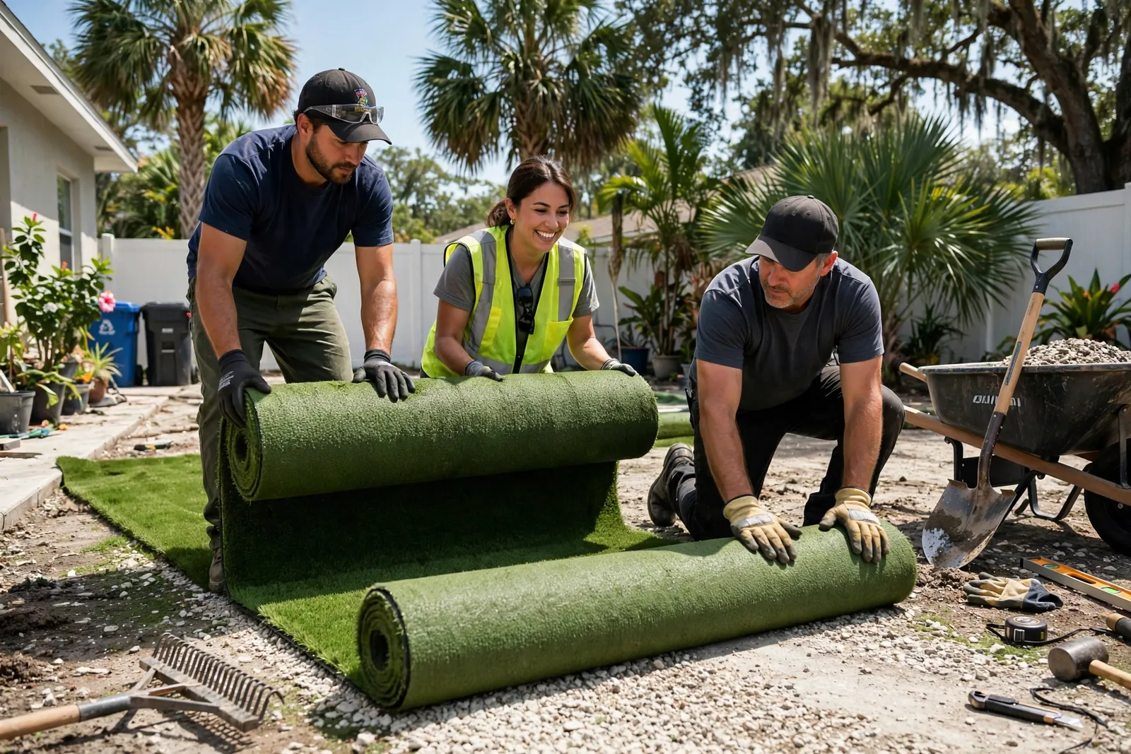 Artificial turf installation crew unrolling turf in Orlando FL